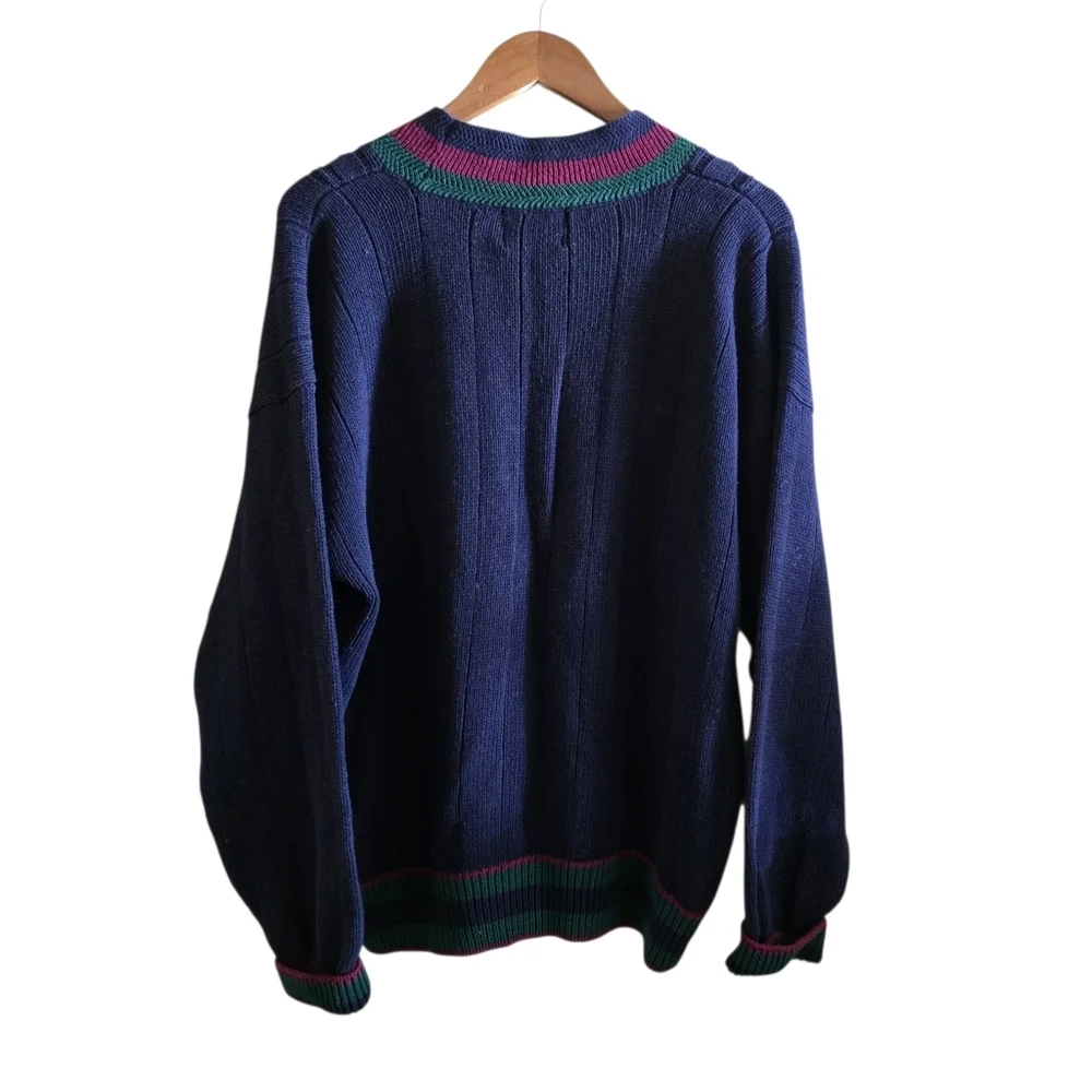 VTG Sears Roebuck & Co. Navy Cricket Sweater V-Neck Cable Knit Oversized